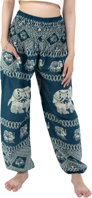 VIENG PING, Premium Rayon High-Waisted Boho Elephant Print Trousers Smocked Waist Harem Casual Yoga Pants for Women