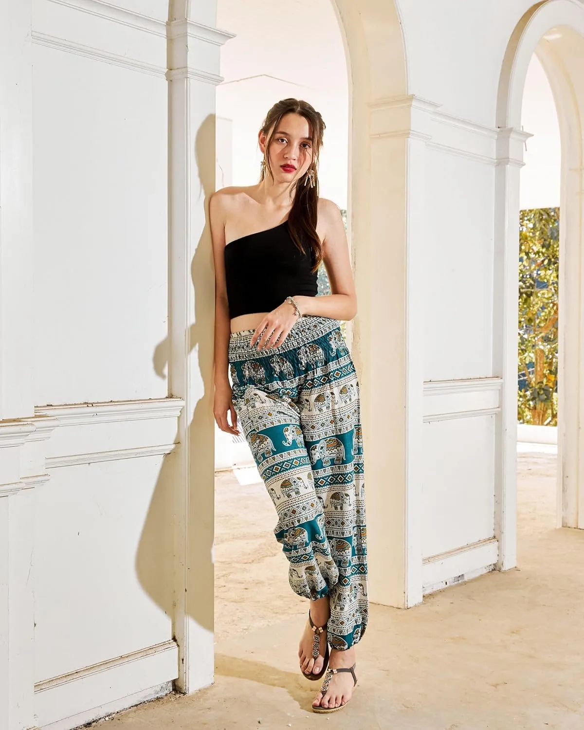 VIENG PING, Premium Rayon High-Waisted Boho Elephant Print Trousers Smocked Waist Harem Casual Yoga Pants for Women