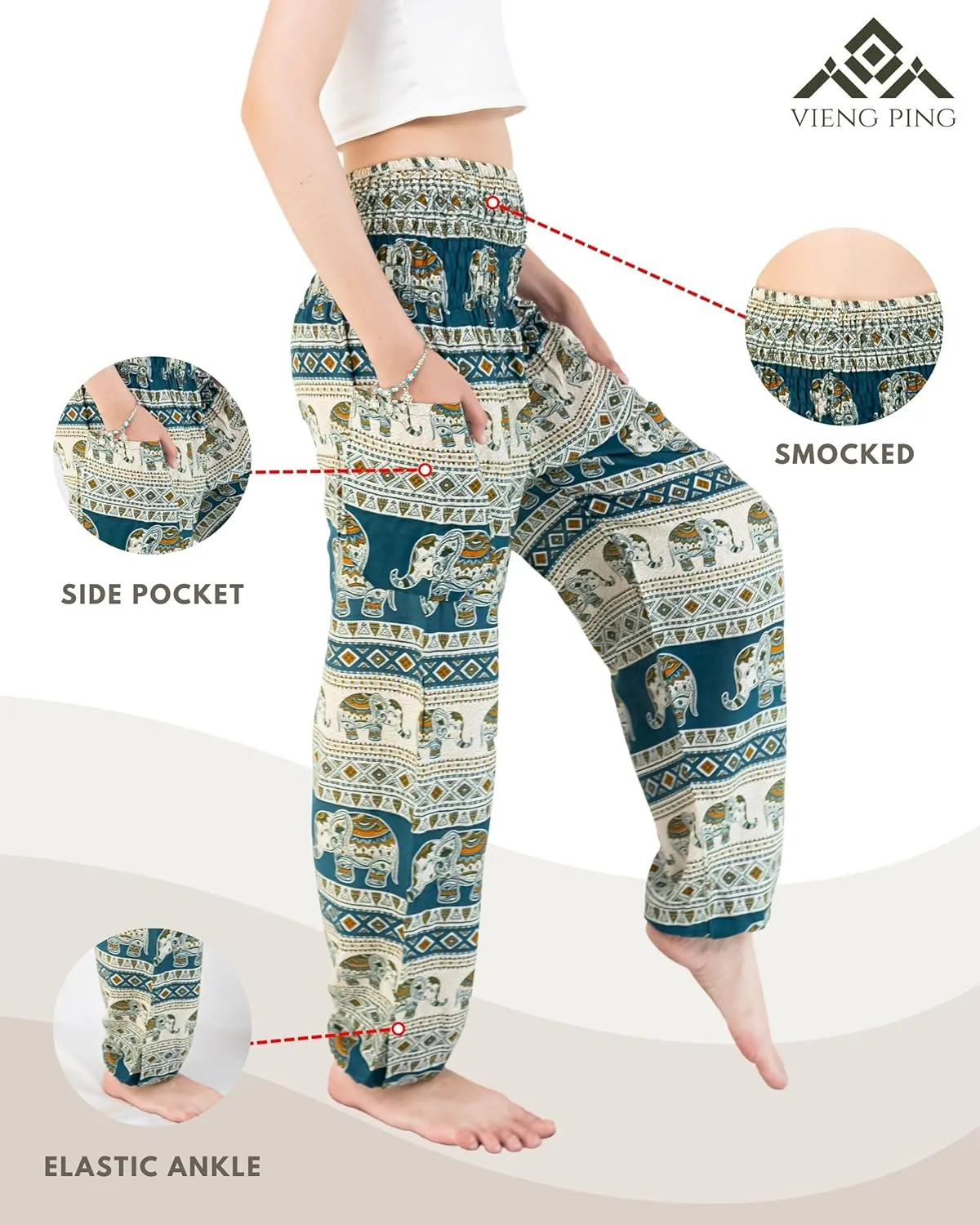 VIENG PING, Premium Rayon High-Waisted Boho Elephant Print Trousers Smocked Waist Harem Casual Yoga Pants for Women