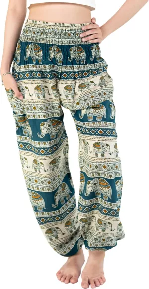 VIENG PING, Premium Rayon High-Waisted Boho Elephant Print Trousers Smocked Waist Harem Casual Yoga Pants for Women