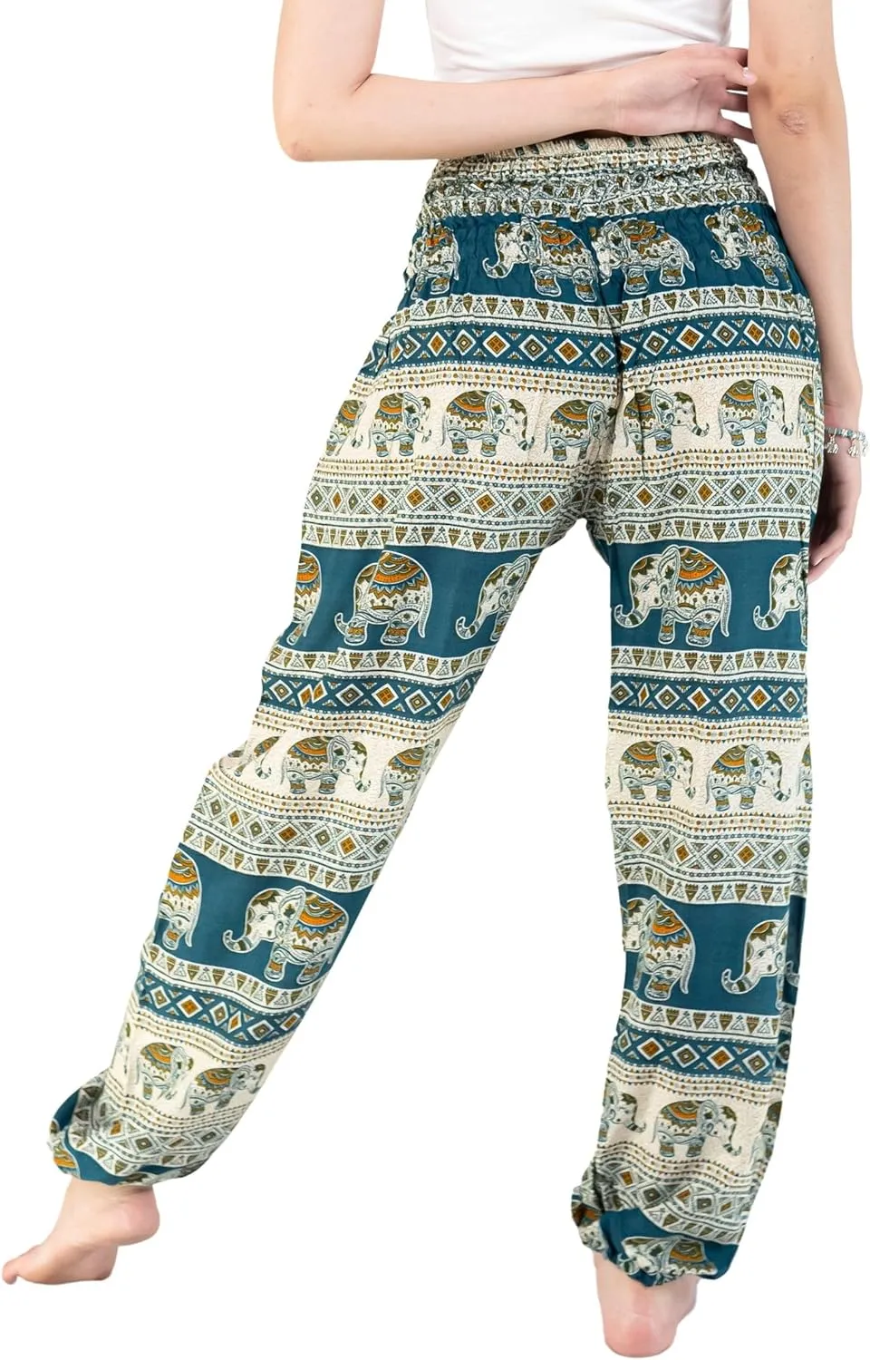 VIENG PING, Premium Rayon High-Waisted Boho Elephant Print Trousers Smocked Waist Harem Casual Yoga Pants for Women
