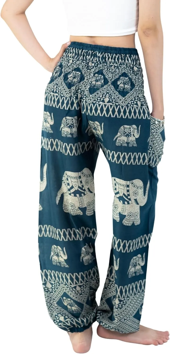 VIENG PING, Premium Rayon High-Waisted Boho Elephant Print Trousers Smocked Waist Harem Casual Yoga Pants for Women