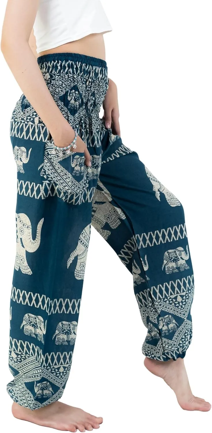VIENG PING, Premium Rayon High-Waisted Boho Elephant Print Trousers Smocked Waist Harem Casual Yoga Pants for Women