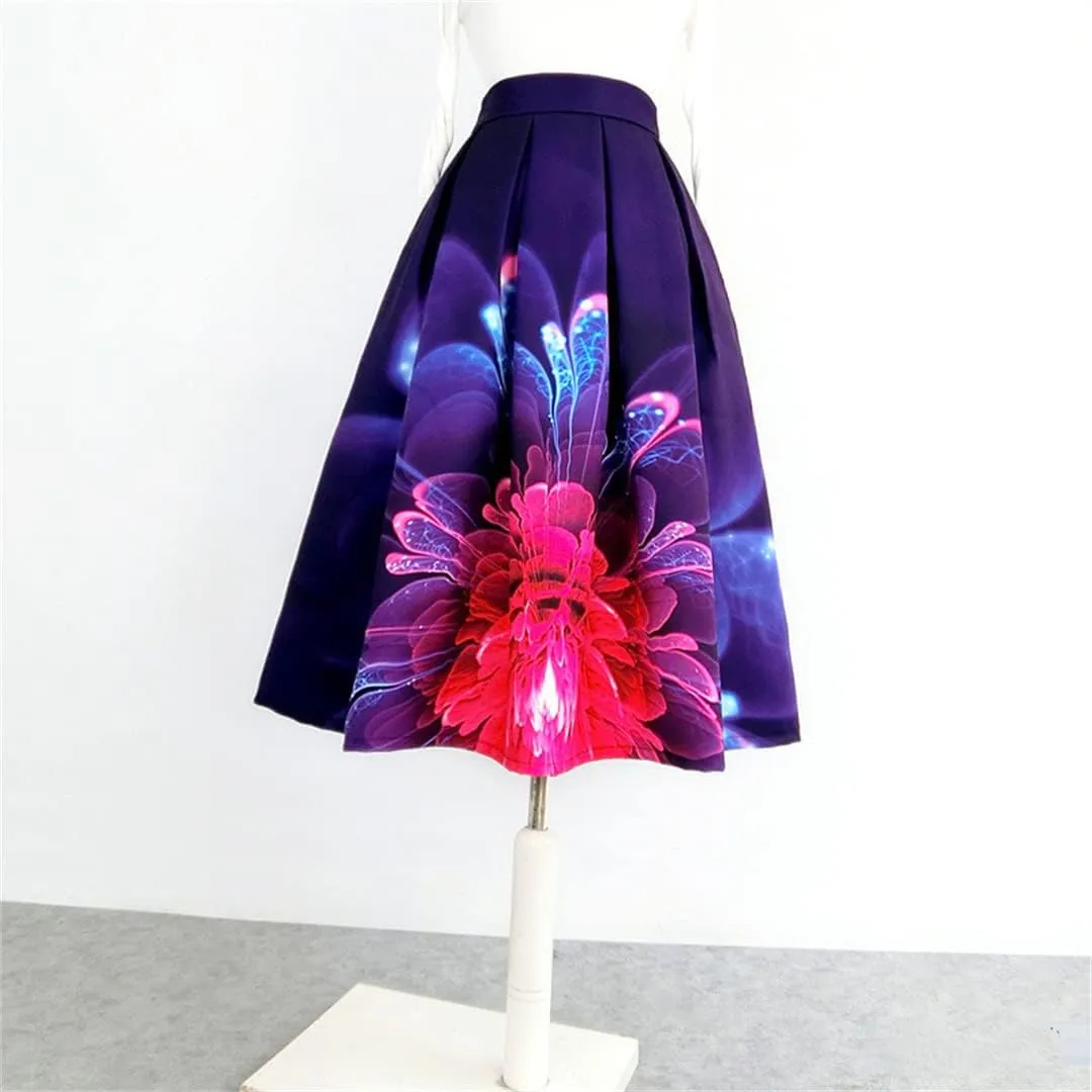 Vintage Elegant Women Korean Aesthetic Fantasy Purple Floral Neoprene High Waist Long Midi Pleated Skirt