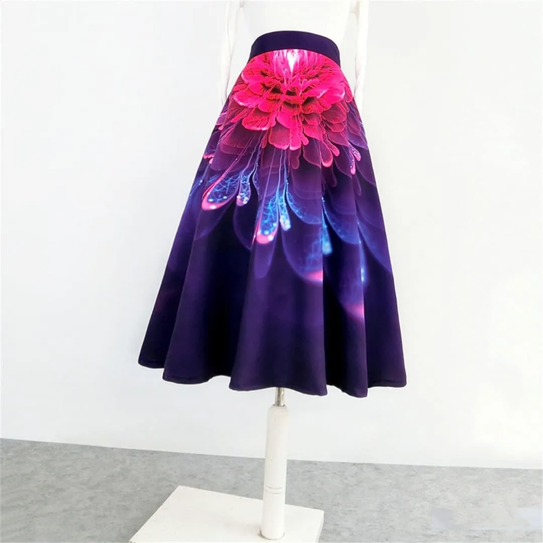 Vintage Elegant Women Korean Aesthetic Fantasy Purple Floral Neoprene High Waist Long Midi Pleated Skirt
