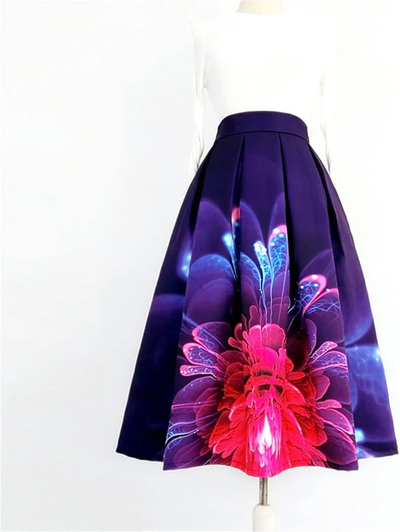 Vintage Elegant Women Korean Aesthetic Fantasy Purple Floral Neoprene High Waist Long Midi Pleated Skirt