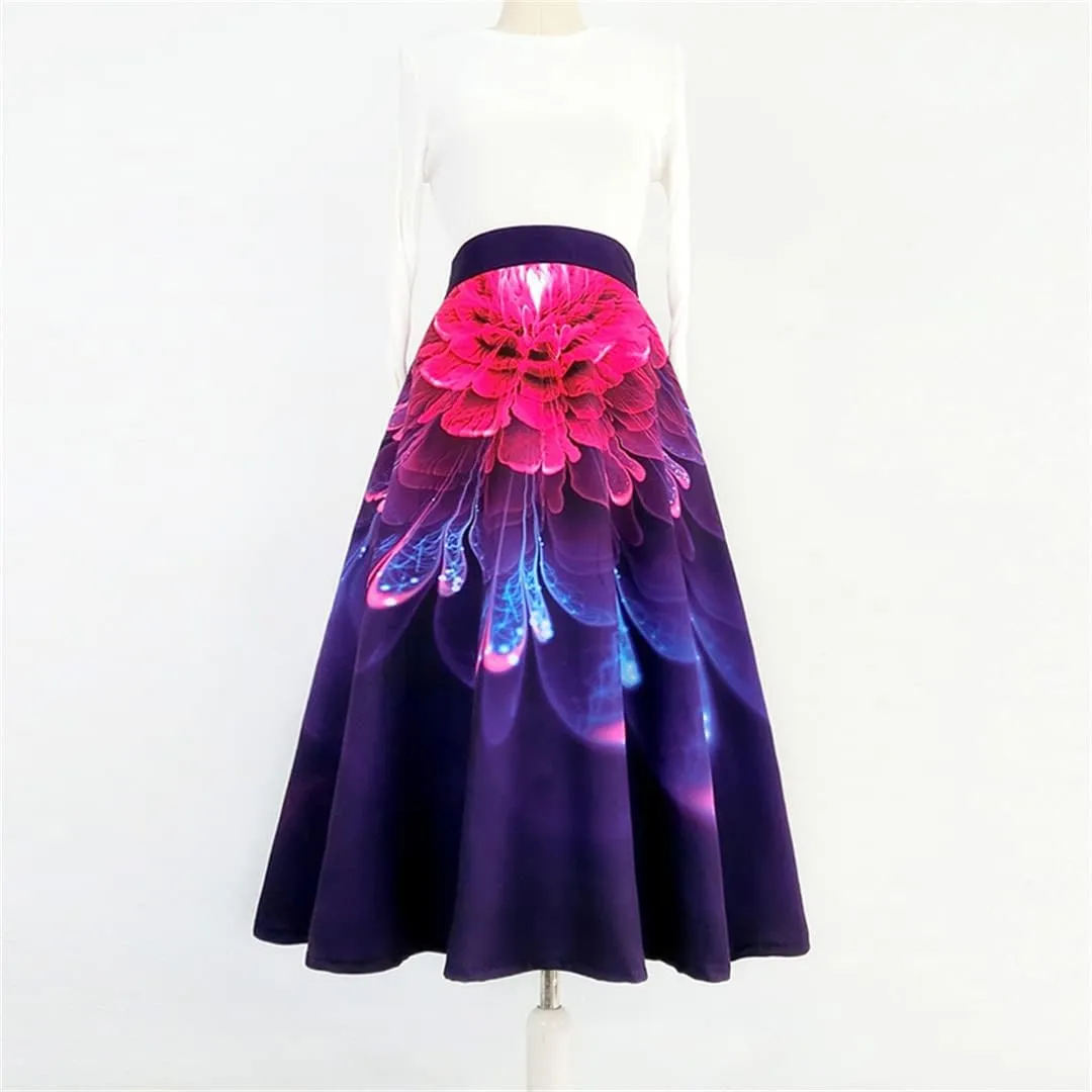 Vintage Elegant Women Korean Aesthetic Fantasy Purple Floral Neoprene High Waist Long Midi Pleated Skirt