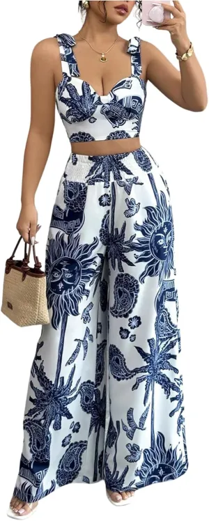 WDIRARA Women's 2 Piece Outfits Boho Paisley Sleeveless Crop Tank Tops and High Waist Wide Leg Pants Set