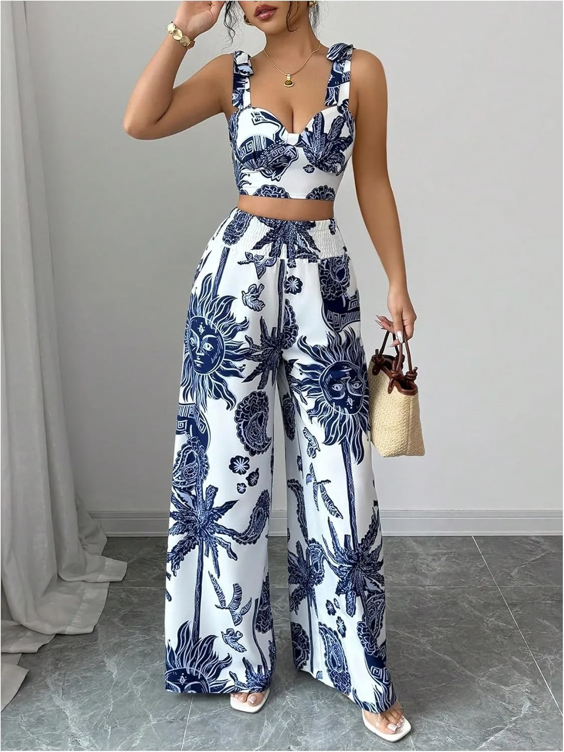 WDIRARA Women's 2 Piece Outfits Boho Paisley Sleeveless Crop Tank Tops and High Waist Wide Leg Pants Set