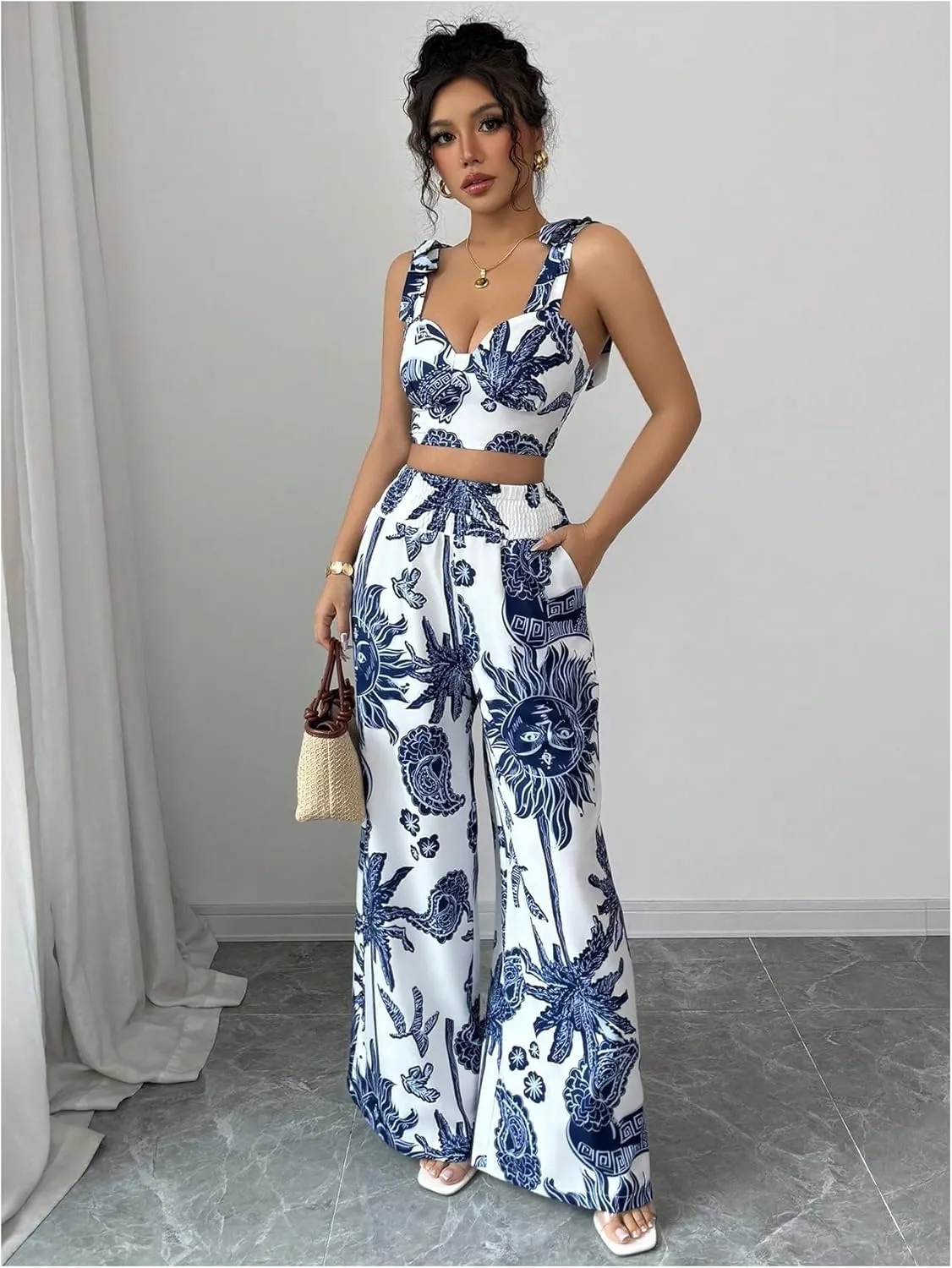 WDIRARA Women's 2 Piece Outfits Boho Paisley Sleeveless Crop Tank Tops and High Waist Wide Leg Pants Set
