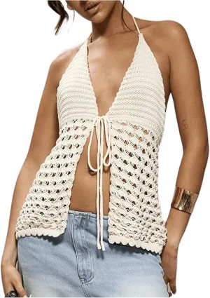 WDIRARA Women's Crochet Tie Front Y2k Tops Sexy Knitted V Neck Sleeveless Camisole Halter Crop Top Streetwear