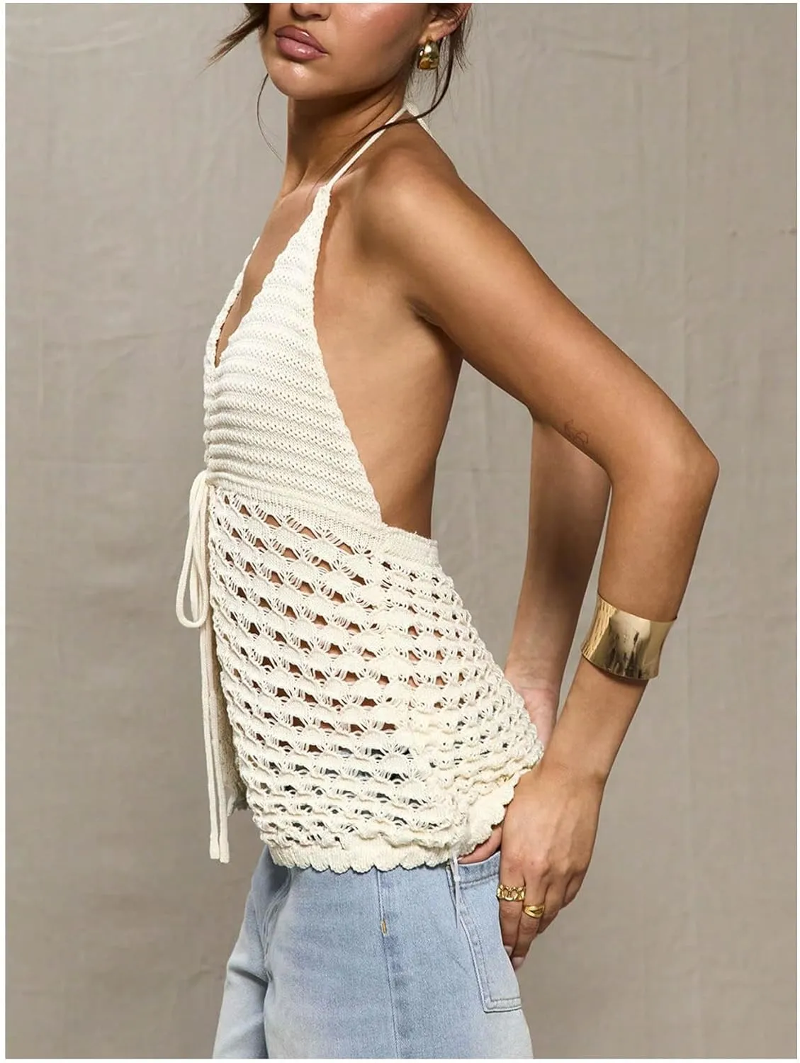 WDIRARA Women's Crochet Tie Front Y2k Tops Sexy Knitted V Neck Sleeveless Camisole Halter Crop Top Streetwear