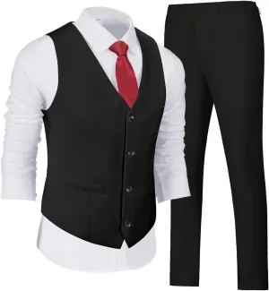 Wehilion Men's Suits 2 Pieces, Vest Pants Set for Men, V-Neck Slim Fit Casual Suit Waistcoat