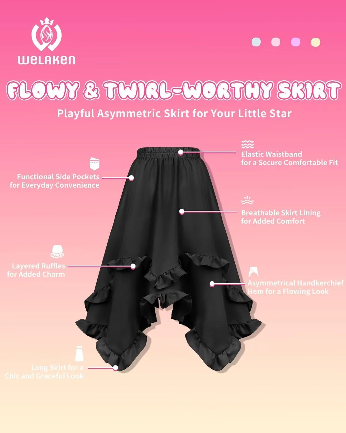 WELAKEN Girls Long Skirts Elastic Waist Flowy Ruffle Maxi Skirt with Pockets