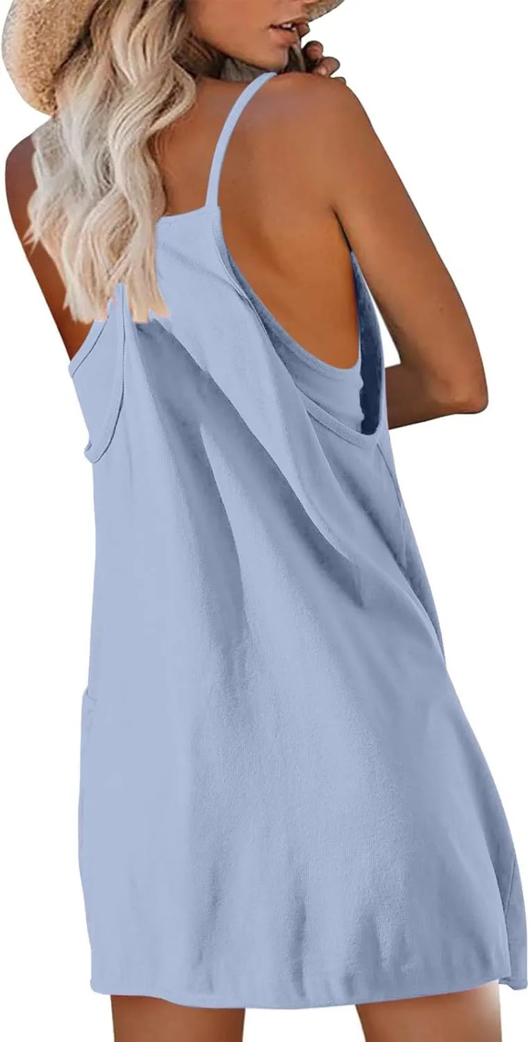 Women Athletic Sleeveless Mini Dress with Built-in Shorts V Neck Spaghetti Strap Sundress with Pockets Tennis Outfits
