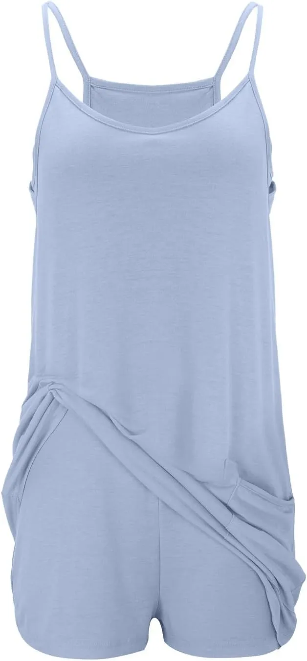 Women Athletic Sleeveless Mini Dress with Built-in Shorts V Neck Spaghetti Strap Sundress with Pockets Tennis Outfits