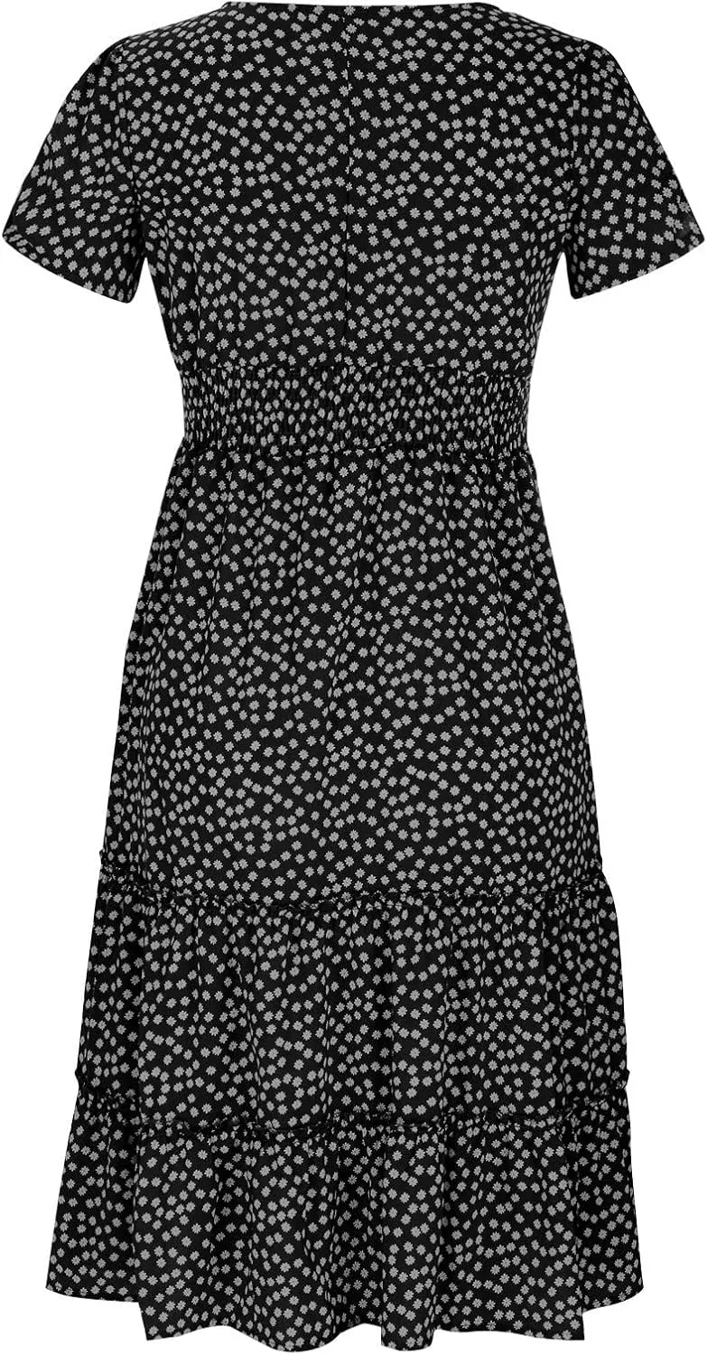 Women Floral Chiffon Midi Dress Summer Square Neck Short Sleeve Boho Sundress Flowy Smocked Tiered Swing Dresses