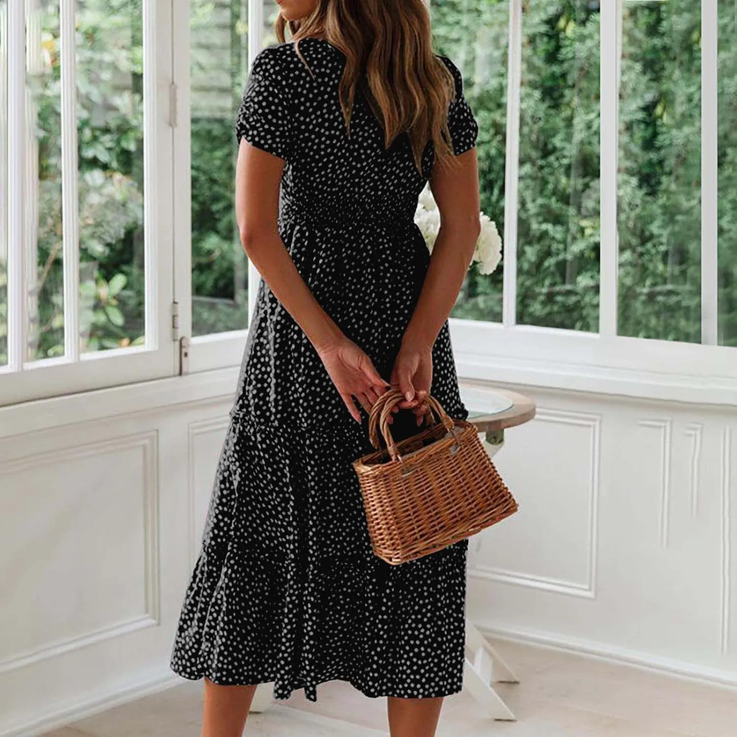 Women Floral Chiffon Midi Dress Summer Square Neck Short Sleeve Boho Sundress Flowy Smocked Tiered Swing Dresses