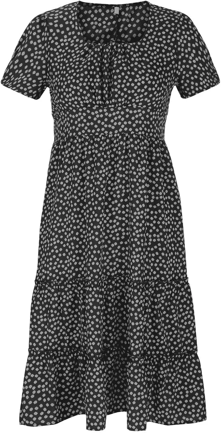 Women Floral Chiffon Midi Dress Summer Square Neck Short Sleeve Boho Sundress Flowy Smocked Tiered Swing Dresses
