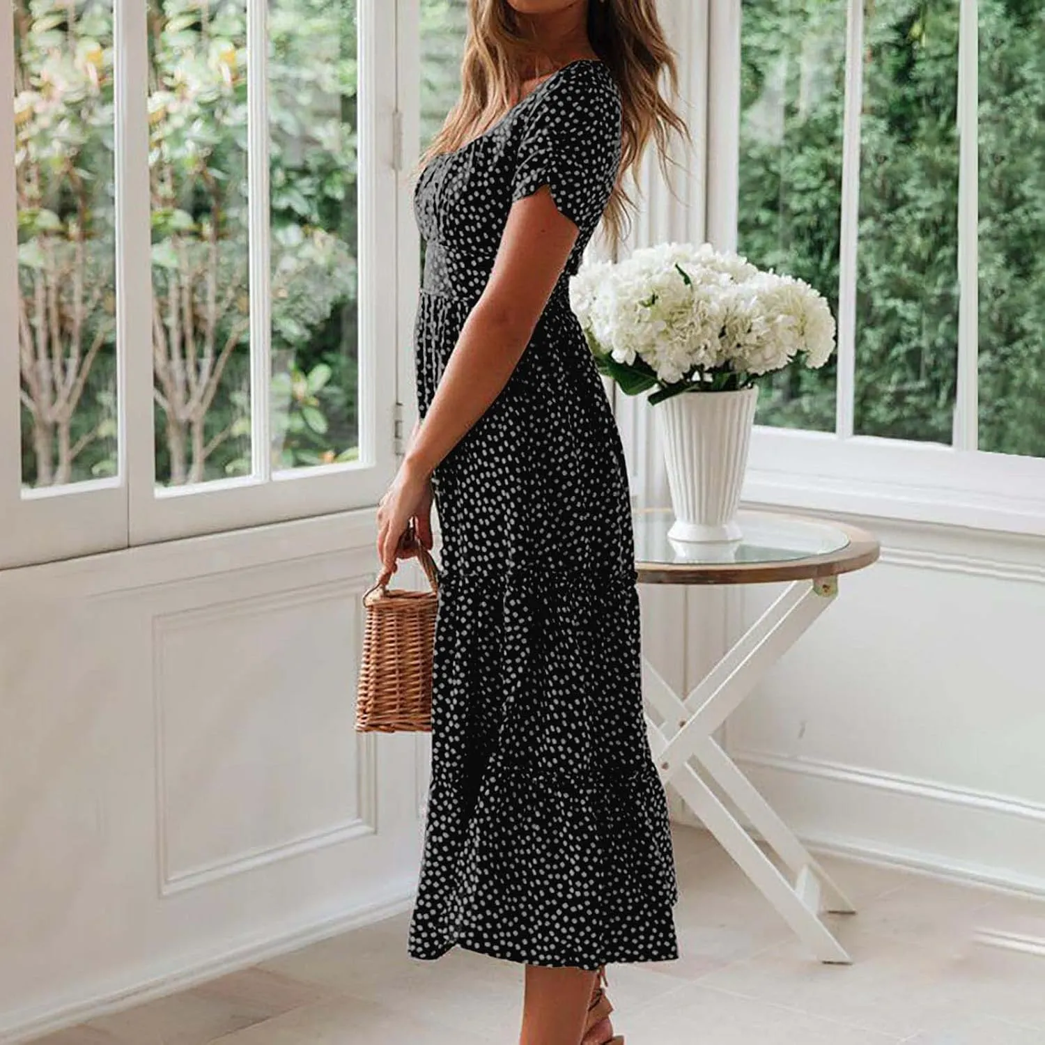 Women Floral Chiffon Midi Dress Summer Square Neck Short Sleeve Boho Sundress Flowy Smocked Tiered Swing Dresses