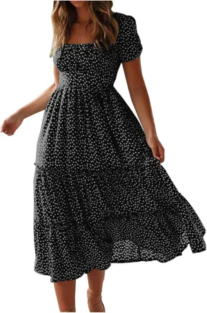 Women Floral Chiffon Midi Dress Summer Square Neck Short Sleeve Boho Sundress Flowy Smocked Tiered Swing Dresses