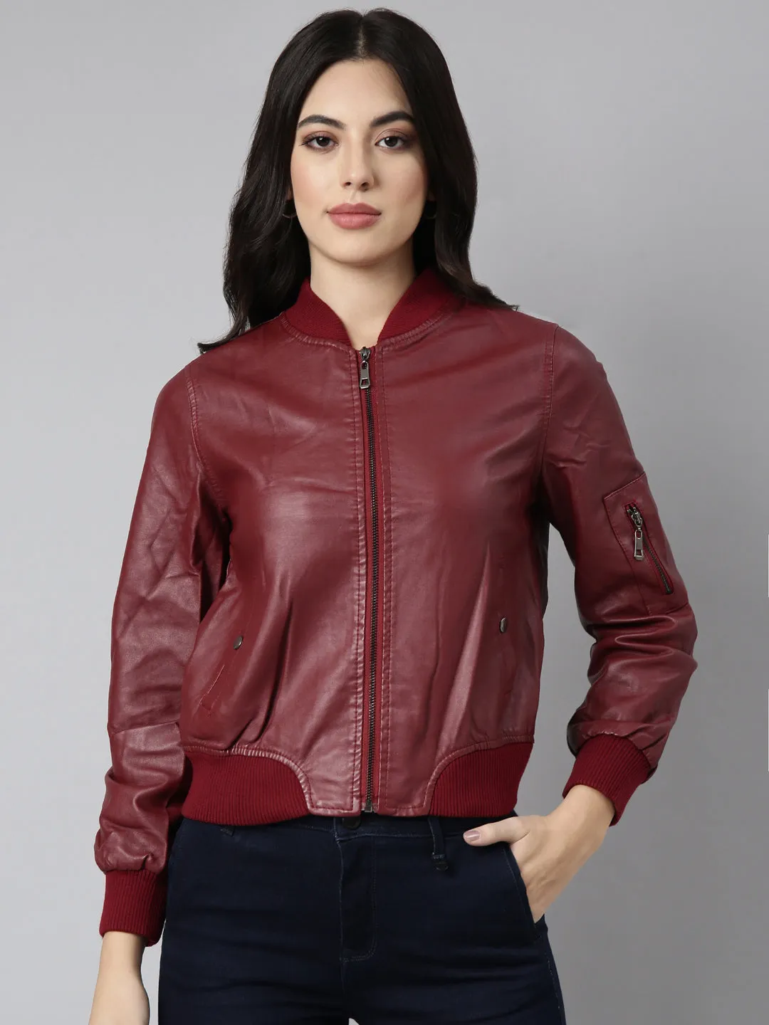 Women Maroon Stand Collar Long Sleeves Crop Bomber Jacket