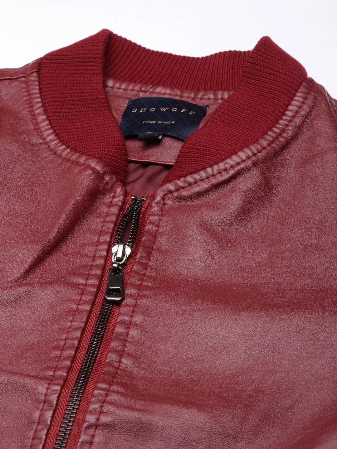 Women Maroon Stand Collar Long Sleeves Crop Bomber Jacket