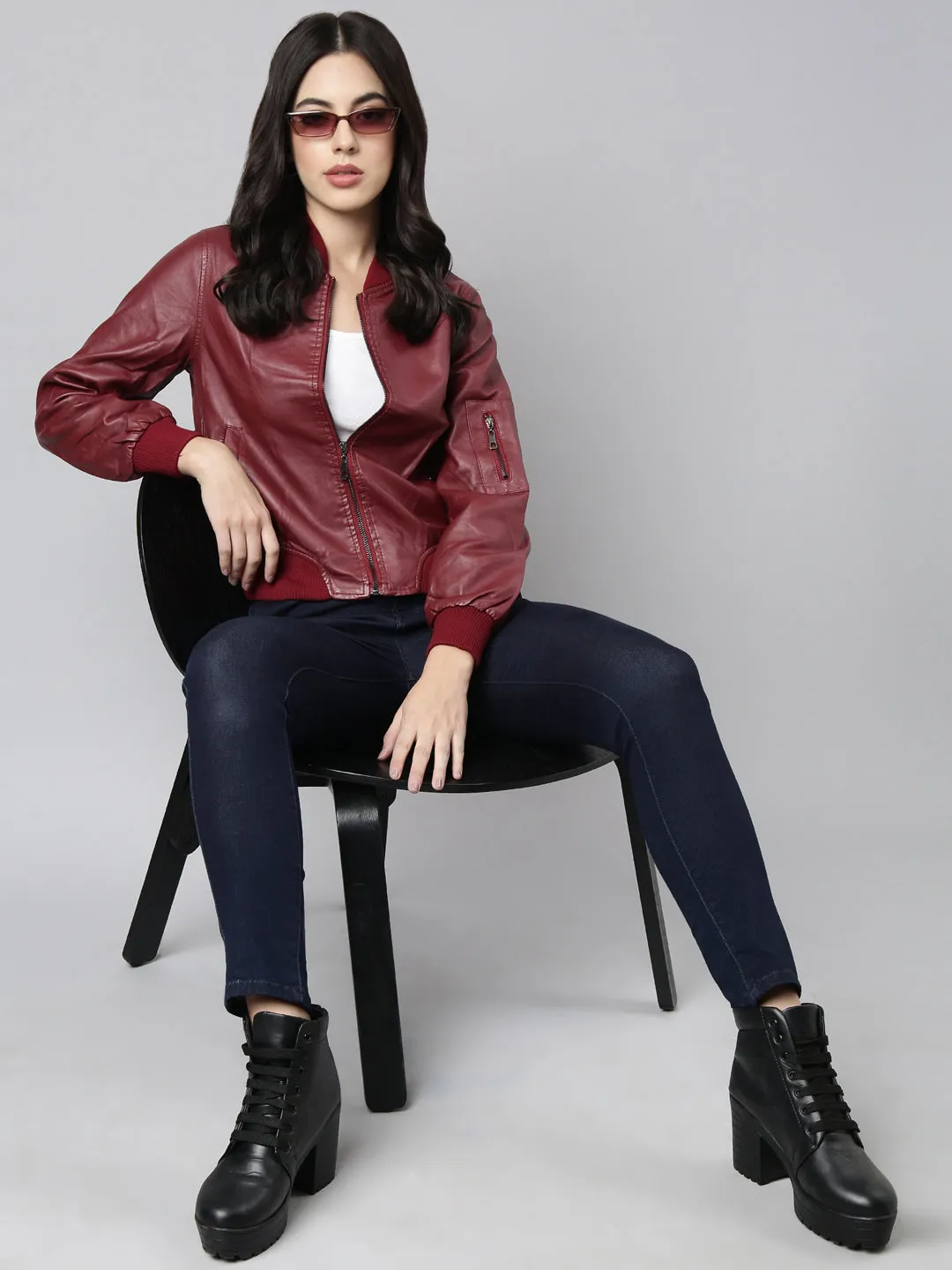 Women Maroon Stand Collar Long Sleeves Crop Bomber Jacket