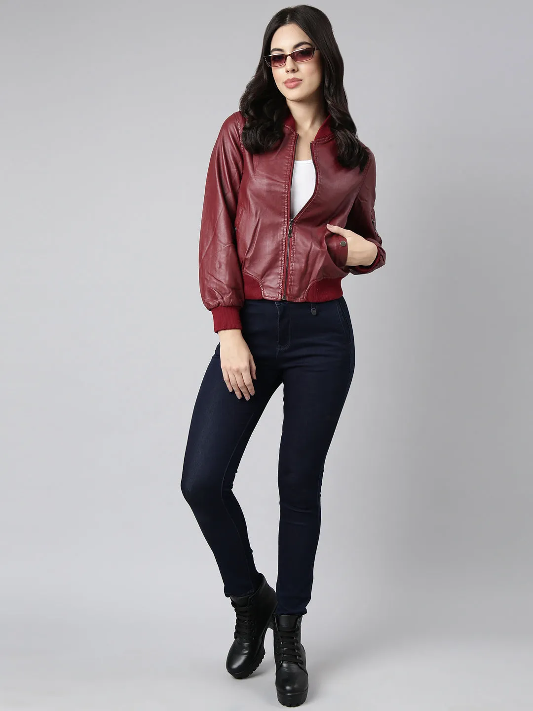 Women Maroon Stand Collar Long Sleeves Crop Bomber Jacket