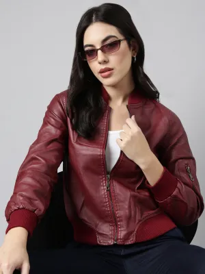 Women Maroon Stand Collar Long Sleeves Crop Bomber Jacket