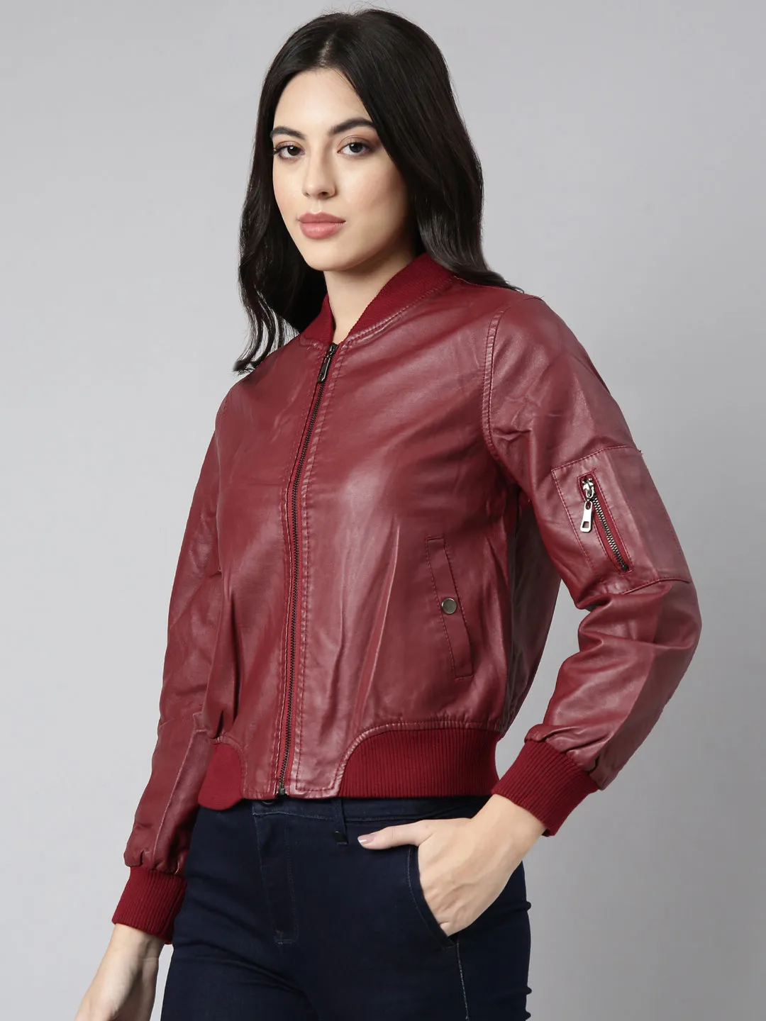 Women Maroon Stand Collar Long Sleeves Crop Bomber Jacket