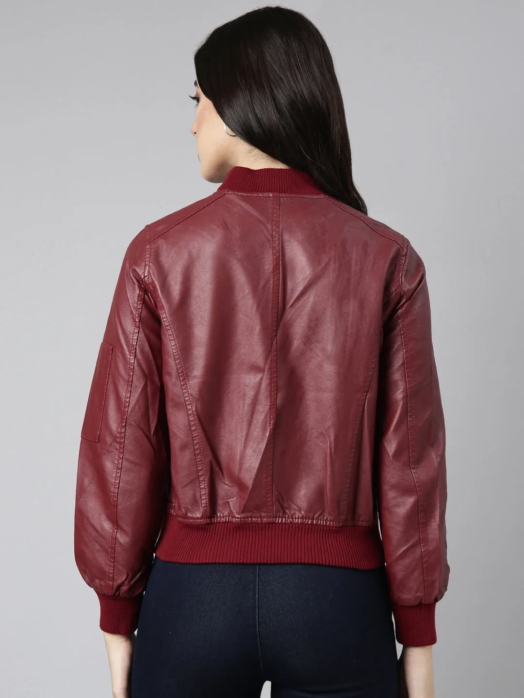Women Maroon Stand Collar Long Sleeves Crop Bomber Jacket