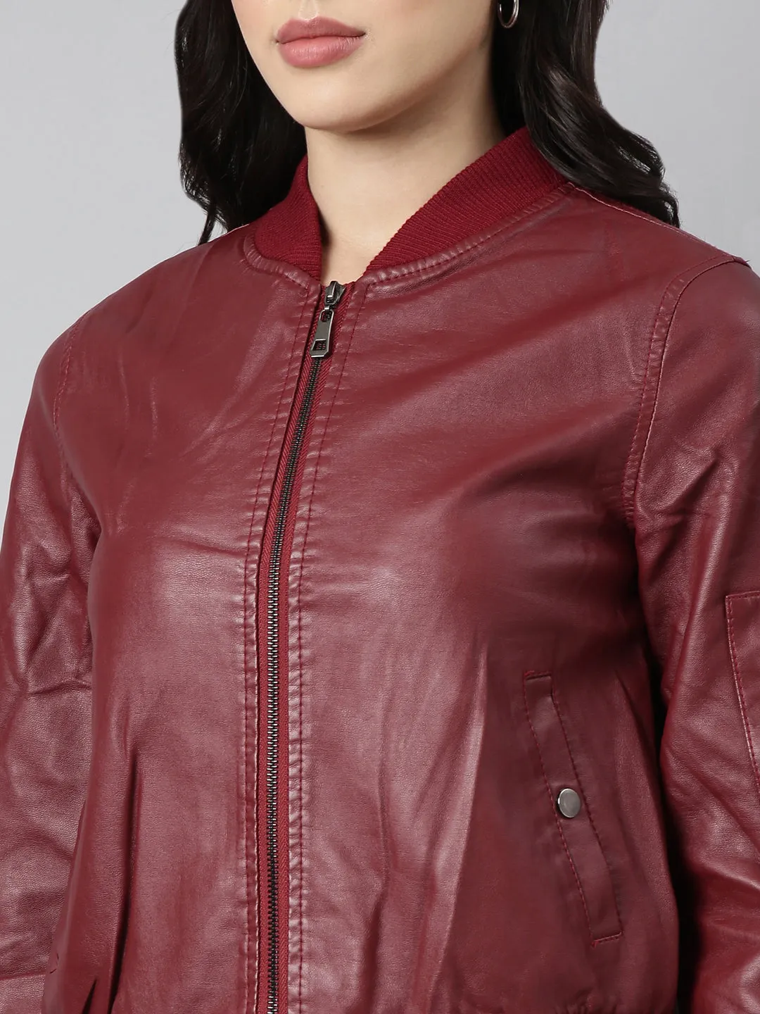 Women Maroon Stand Collar Long Sleeves Crop Bomber Jacket
