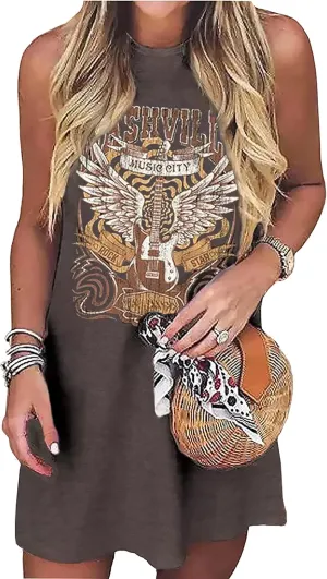 Women Nashville Music City Mini Dress Retro Western Country Music Rock Band Graphic Bodycon Mini Dress