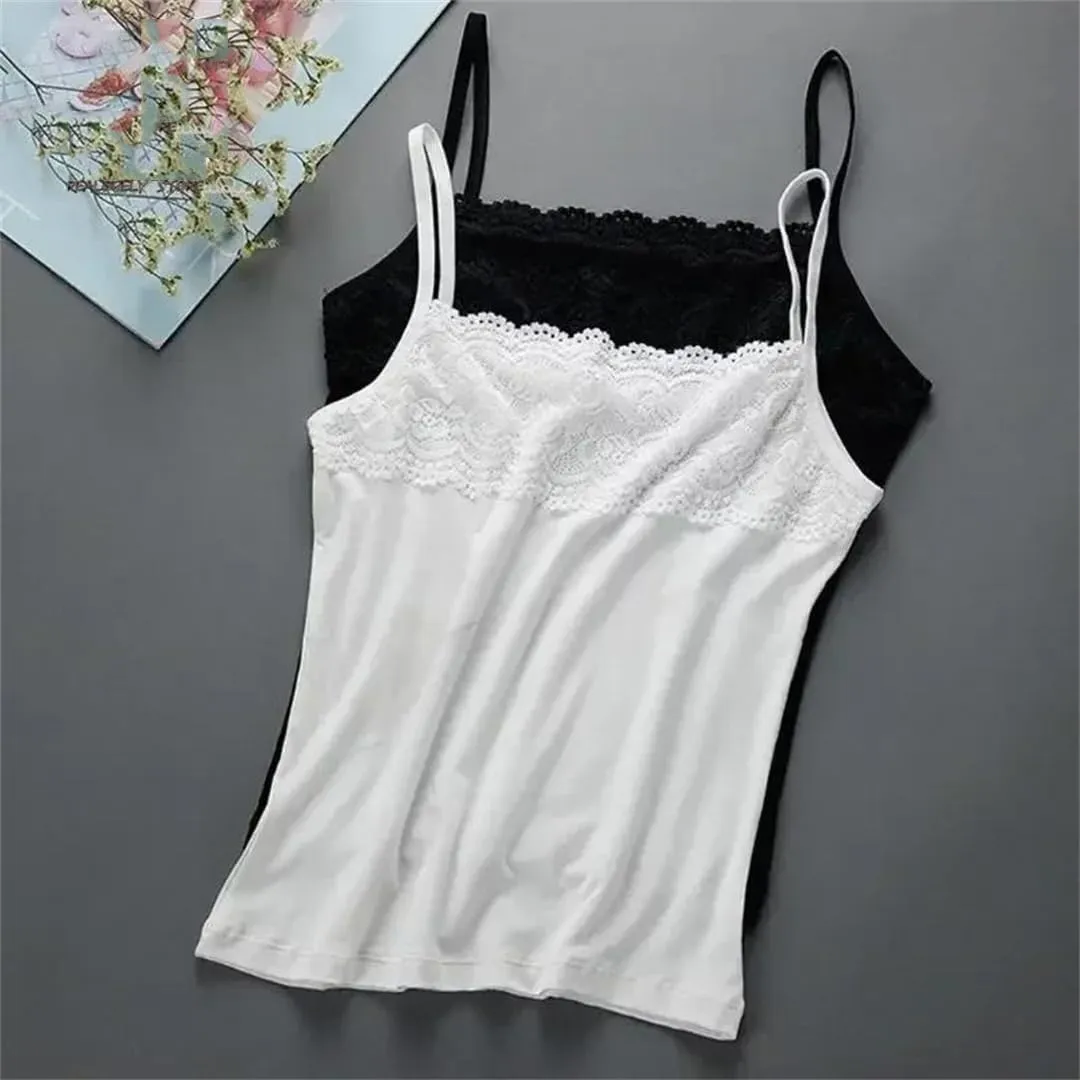 Women Sleeveless For Tank Top Scalloped Floral Lace Splicing Chest Slim Camisole