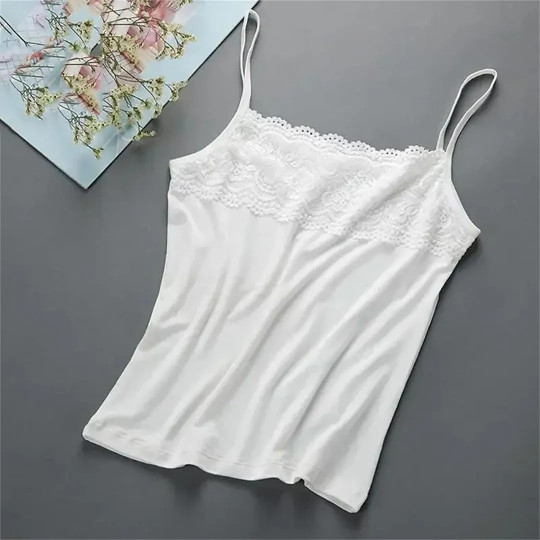 Women Sleeveless For Tank Top Scalloped Floral Lace Splicing Chest Slim Camisole