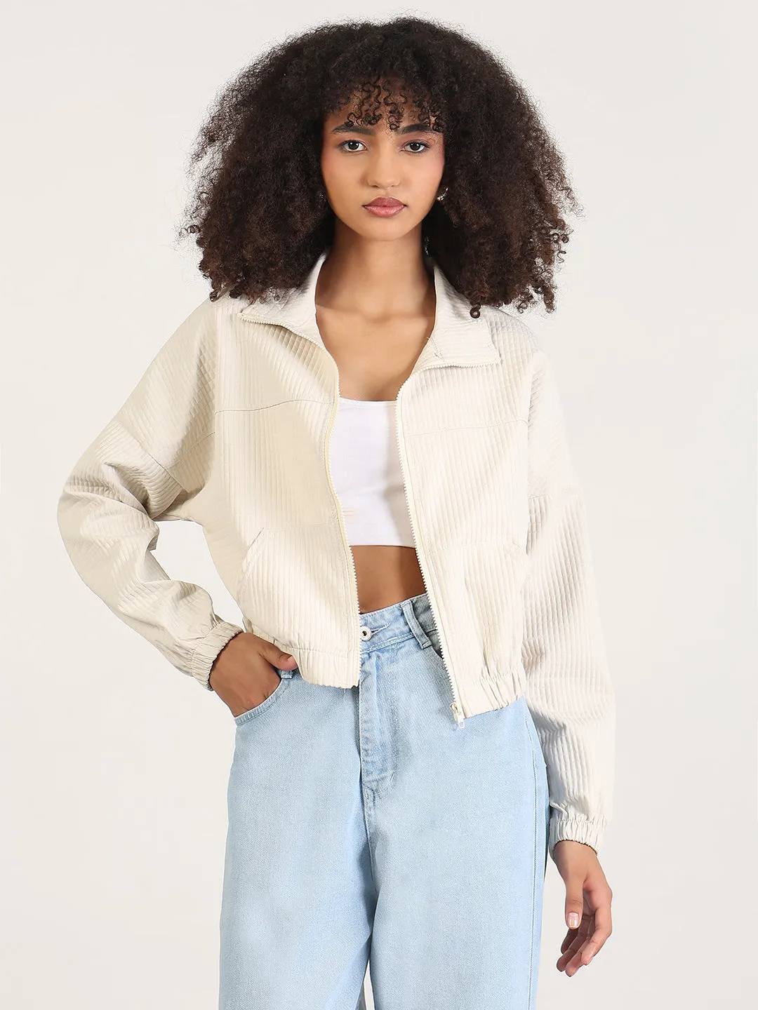 Women Solid Cream Spread Collar Crop Bomber Jacket
