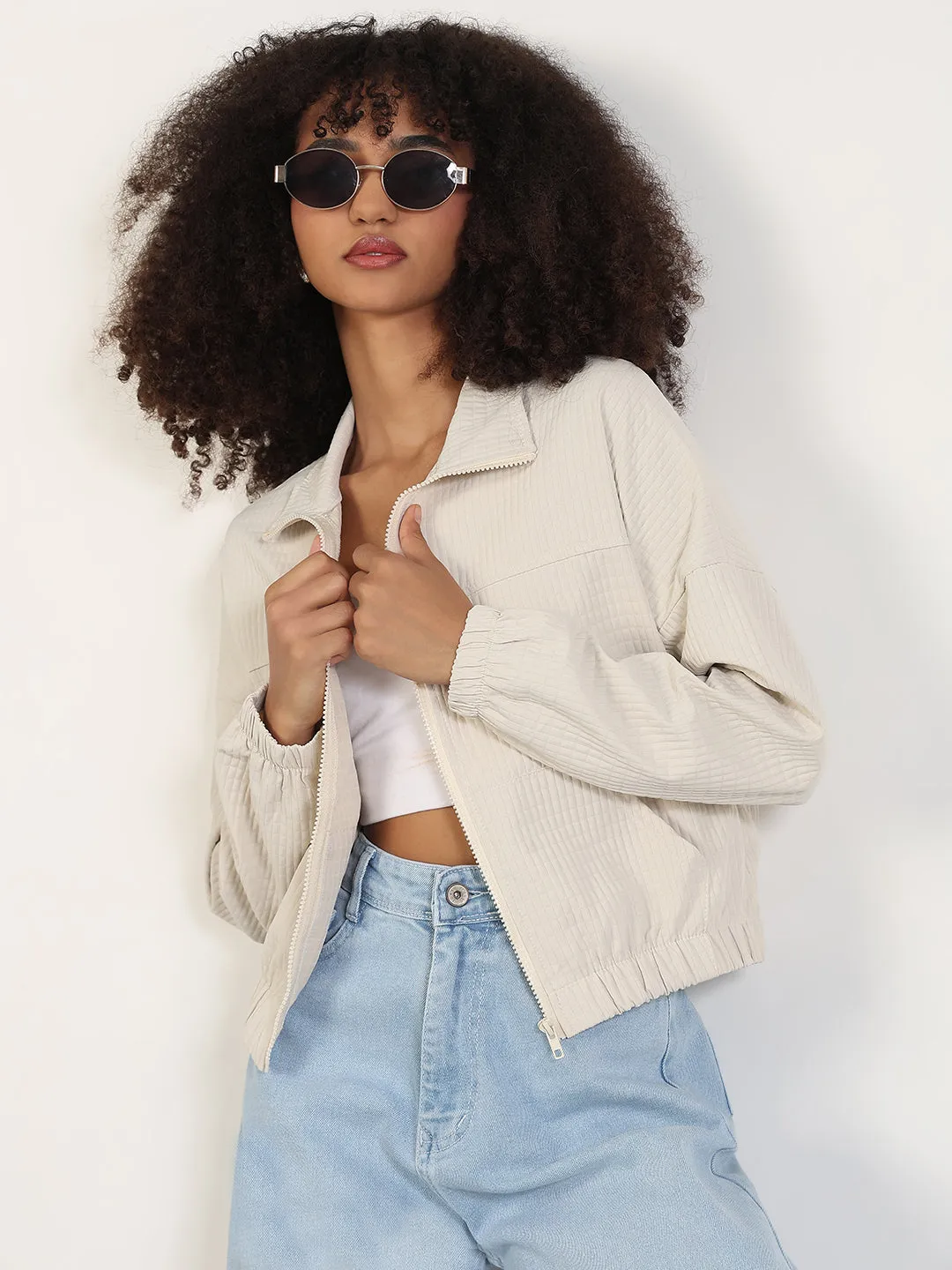 Women Solid Cream Spread Collar Crop Bomber Jacket
