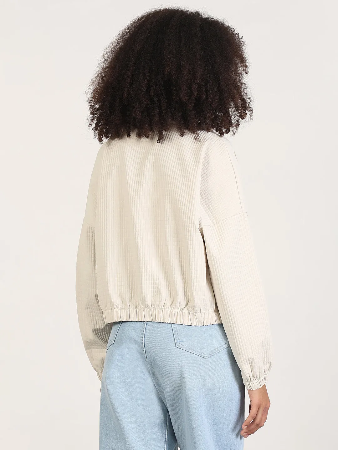 Women Solid Cream Spread Collar Crop Bomber Jacket