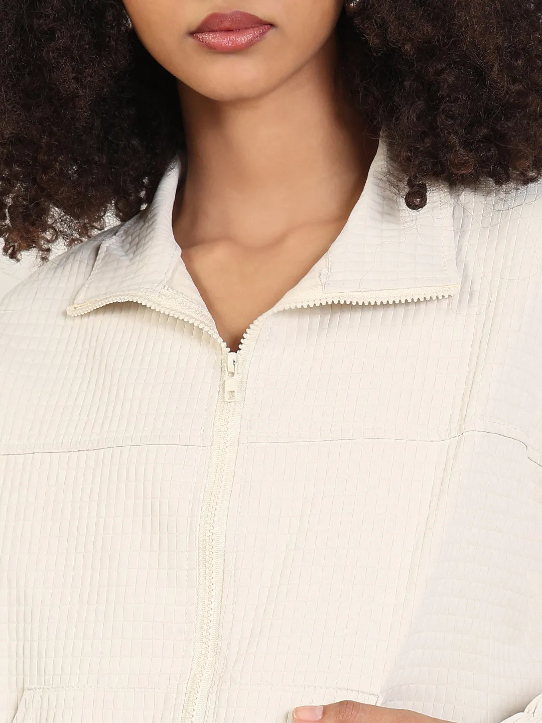 Women Solid Cream Spread Collar Crop Bomber Jacket