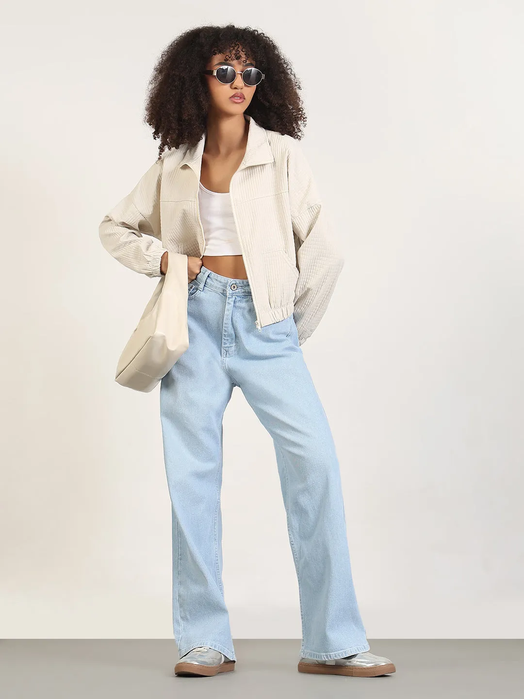 Women Solid Cream Spread Collar Crop Bomber Jacket