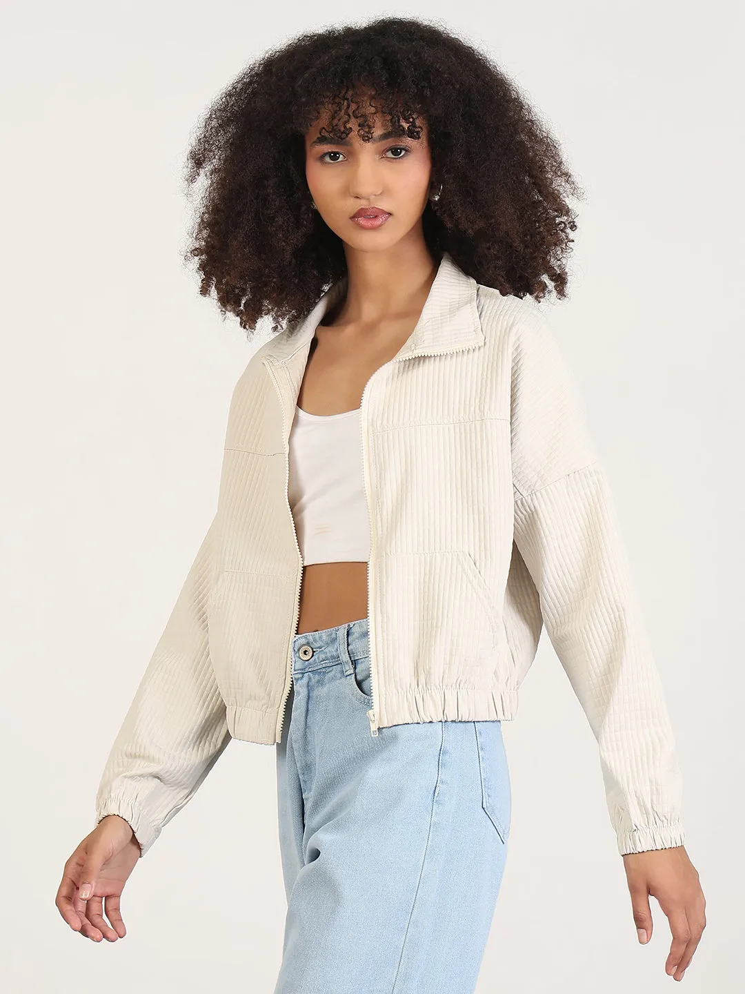 Women Solid Cream Spread Collar Crop Bomber Jacket