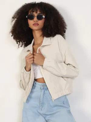 Women Solid Cream Spread Collar Crop Bomber Jacket