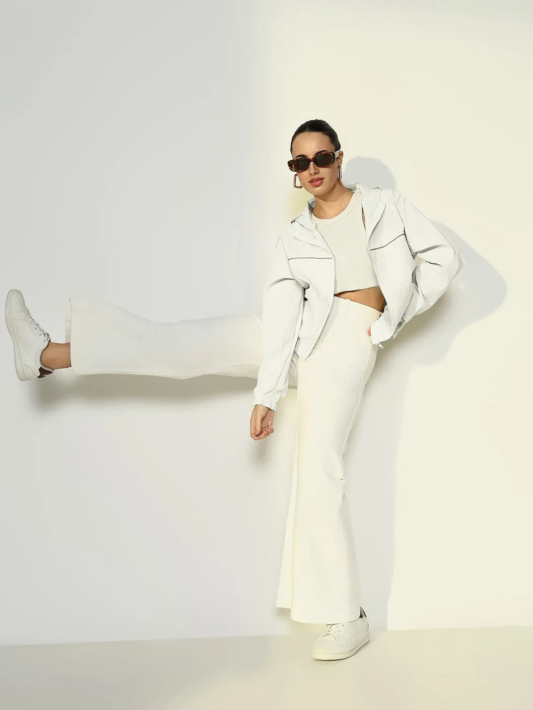 Women Solid White Casual Bomber Jacket with Hoodie