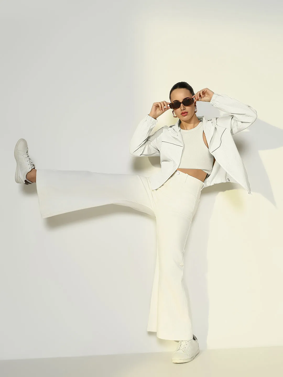 Women Solid White Casual Bomber Jacket with Hoodie