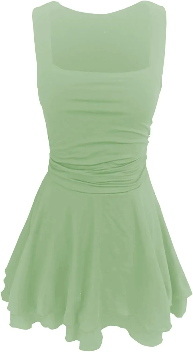 Women Square Neck Bodycon Mini Dress Ruffle Hem Ruched Waist Short Party Club Dresses Cocktail Dress Slim Party Dress