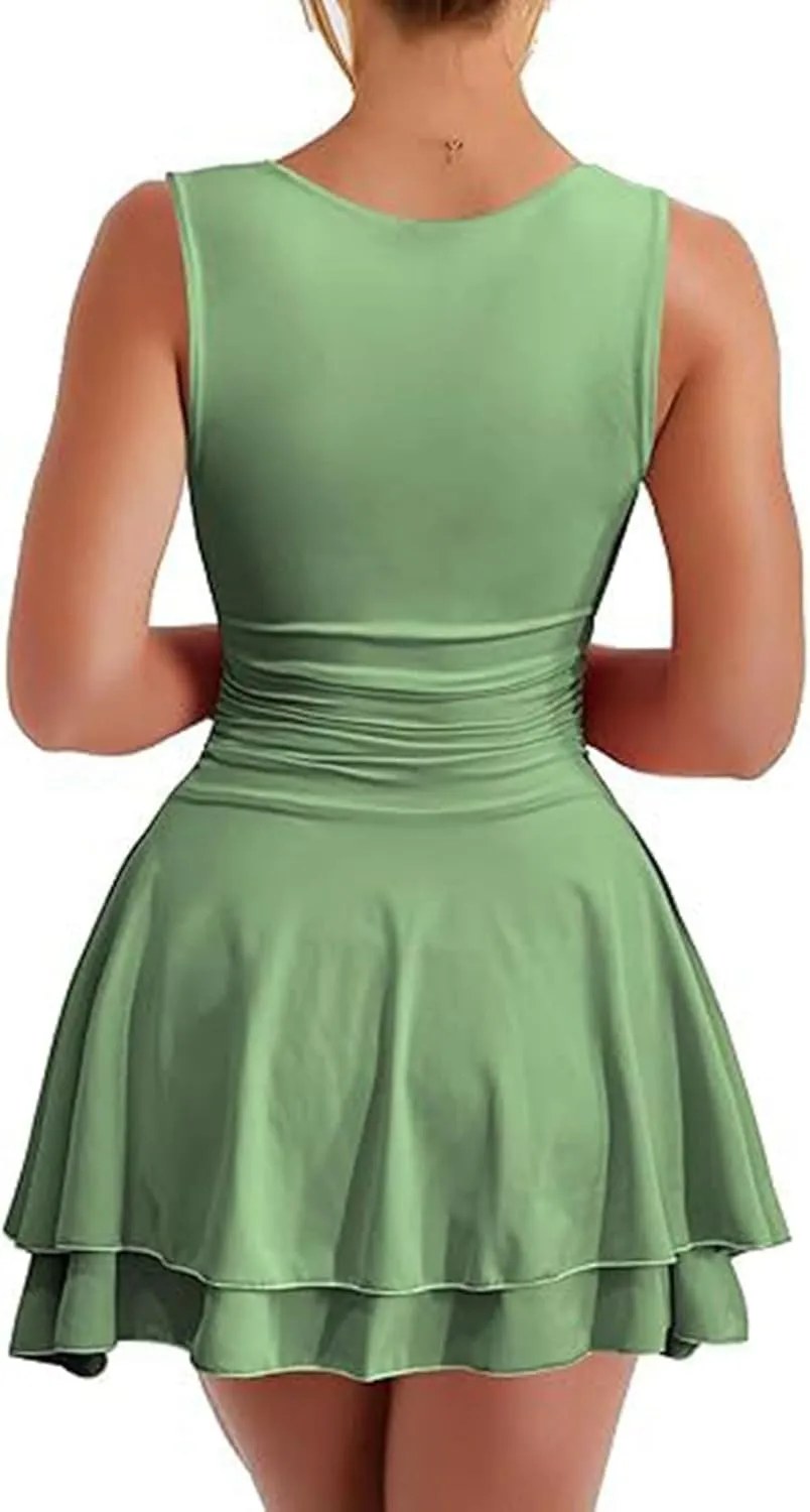 Women Square Neck Bodycon Mini Dress Ruffle Hem Ruched Waist Short Party Club Dresses Cocktail Dress Slim Party Dress