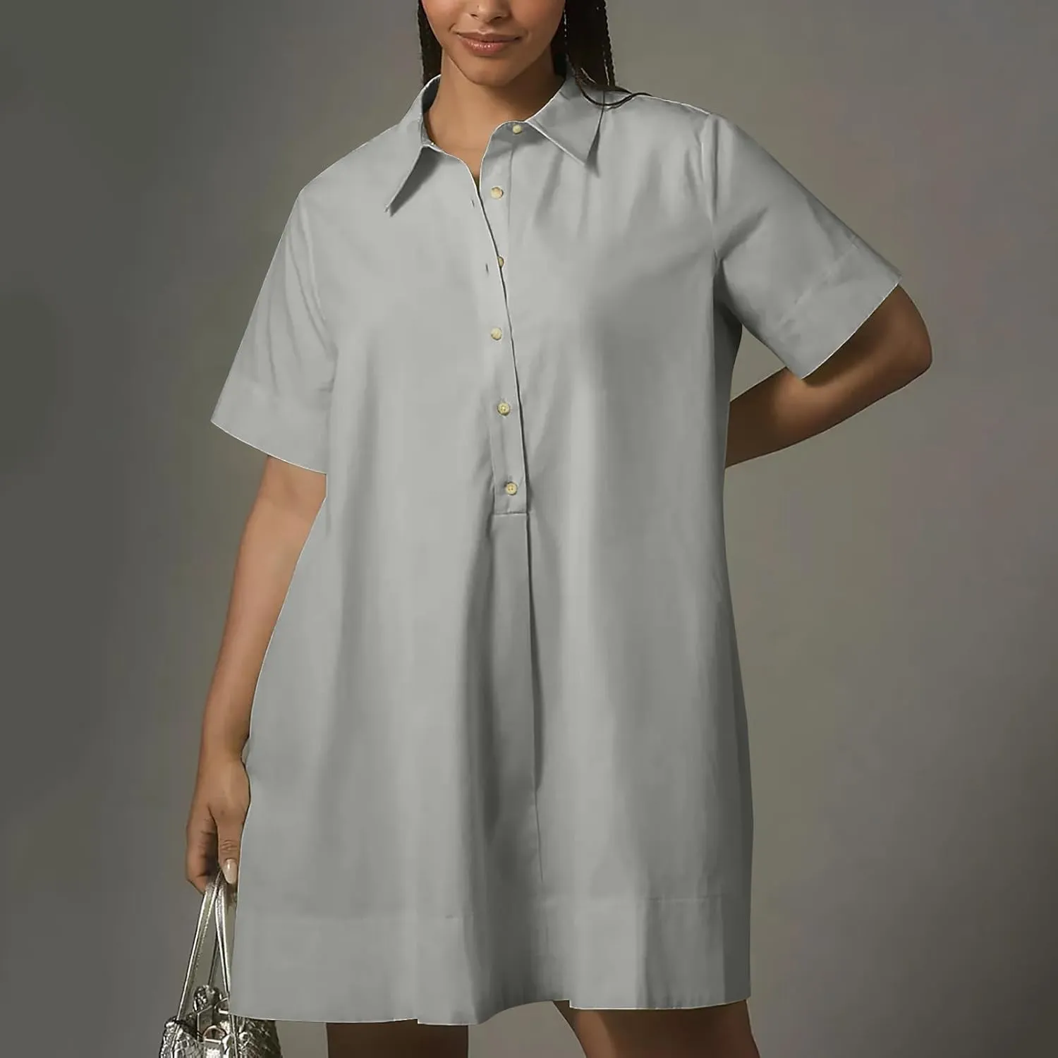 Women Summer Dress Short Sleeve Button Flowy Tunic Dress with Pockets Casual Swing Shirt Dresses A Line Mini Dress
