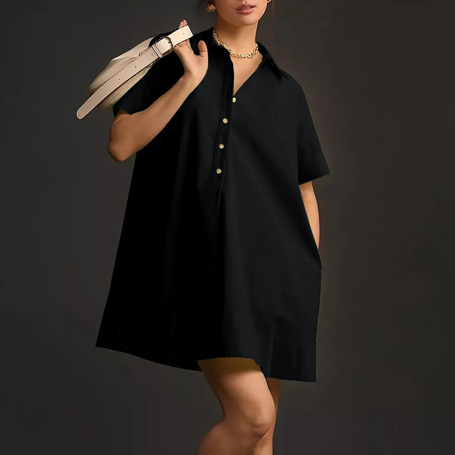 Women Summer Dress Short Sleeve Button Flowy Tunic Dress with Pockets Casual Swing Shirt Dresses A Line Mini Dress
