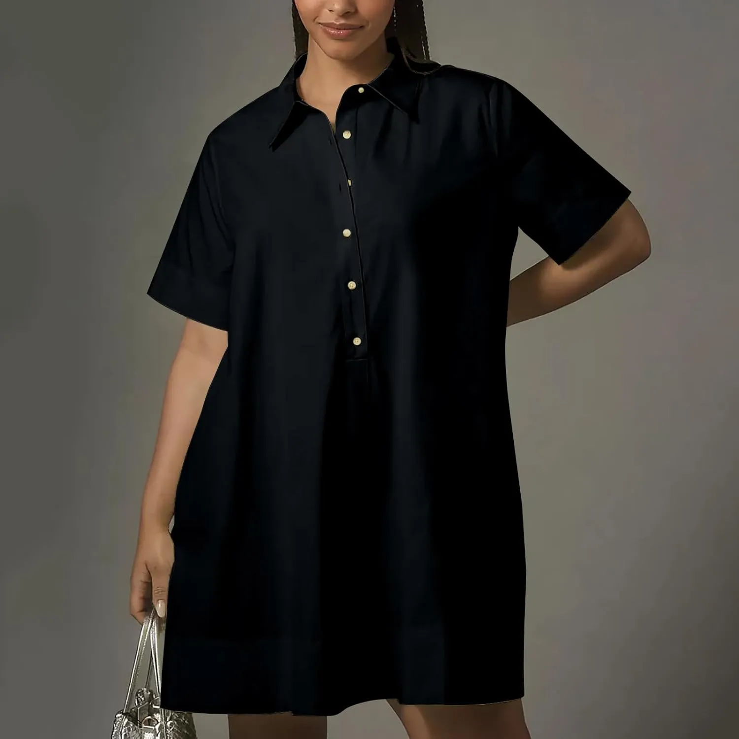 Women Summer Dress Short Sleeve Button Flowy Tunic Dress with Pockets Casual Swing Shirt Dresses A Line Mini Dress